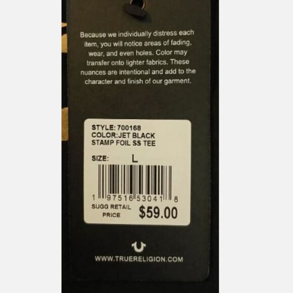 True Religion Stamp Foil SS Tee T-Shirt Size L 100% Cotton Crew Neck Jet Black - Picture 7 of 9